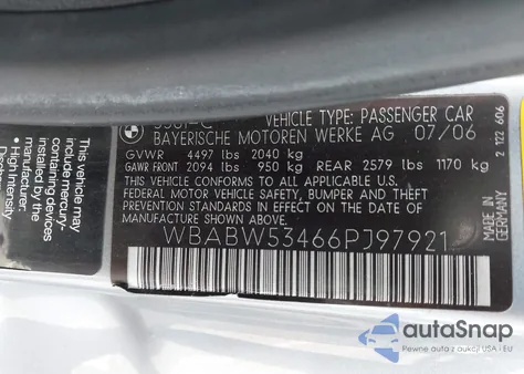 2006 BMW 330Ci z USA, uszkodzony, nr VIN WBABW53466PJ97921